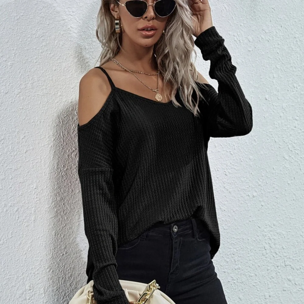 Boho Pink off shoulder waffle long sleeve knit top - Picture 11 of 16